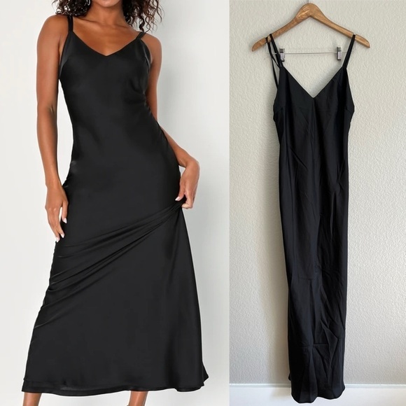 Chic Entrance Black Satin Backless Slip Maxi Dress - Picture 1 of 10